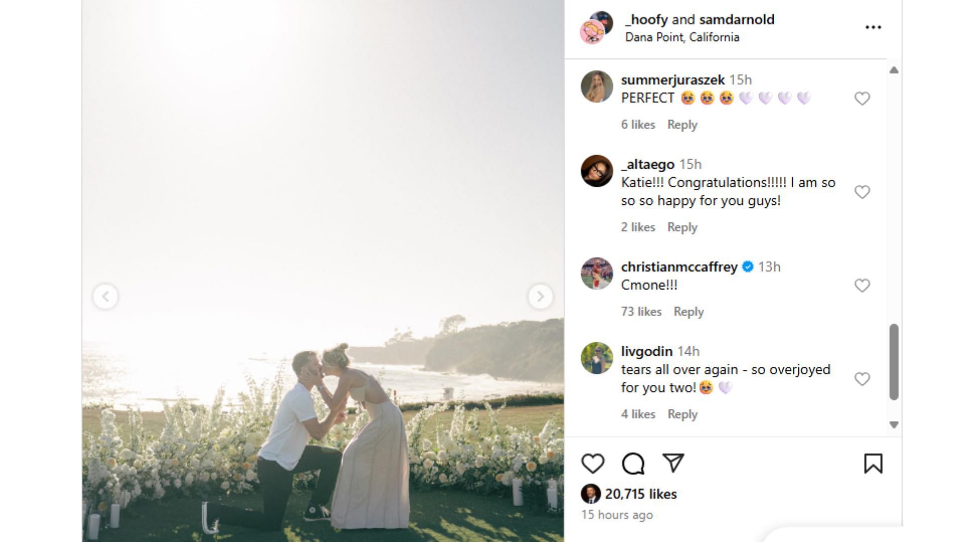 Christian McCaffrey replied to the post, congratulating Darnold and Hoofnagle (image credit: instagram/_hoofy)